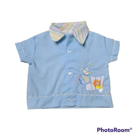 Vintage 80s Baby Boy Blue Circus Embroidery Shirt - Picture 1 of 7